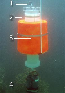 Photo of a deep-water EAR suspended in the water showing the hydrophone (1), aluminum housing (2), syntactic foam collar (3), and two acoustic releases (4). Image credit: NOAA
