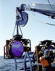 Deployment of a low-frequency acoustic source in the Pacific Ocean off central California.